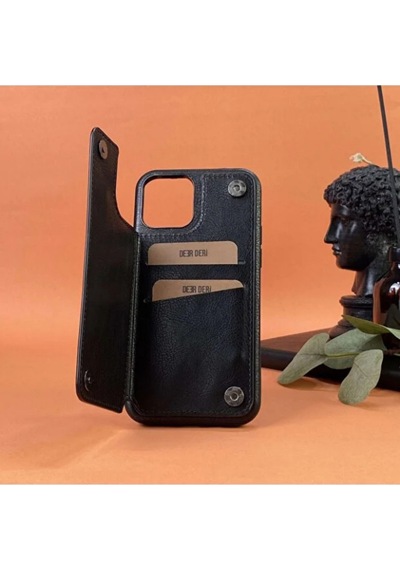 Helen Apple Uyumlu iPhone Hakiki Deri Telefon Kılıfı 13 Pro Max Siyah
