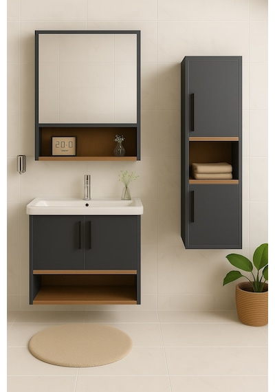 Dmz Home Concept Legna 80 Cm Antrasit-ahşap Renkli, Tamamı MDF, Seramik Lavabolu, Alt - Üst Ve Boy Dolaplı Tamamı Mdf, Banyo Dolabı Seti Dmz Home Concept Legna 80 Cm Antrasit-ahşap Renkli, Tamamı MDF, Seramik Lavabolu, Alt - Üst Ve Boy Dolaplı Tamamı Mdf, Banyo Dolabı Seti