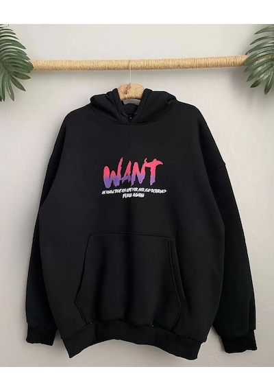 Kadın Oversize Kapüşonlu Cepli Want Baskılı 3 İplik Pamuklu Hoodie Sweatshirt - Siyah