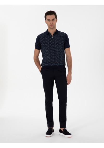 Lacivert Regular Fit Fermuarlı Polo Yaka Desenli T-shirt