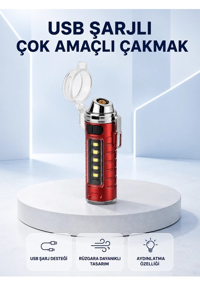Mey İthalat Usb Şarjlı Rüzgar Geçirmez Elektrikli Çakmak El Fenerli Belirtilmemiş