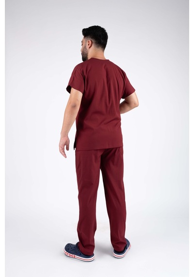 Bordo Likralı Erkek Hemşire Ve Doktor Forması Takımı Scrubs Hastane Üniforması