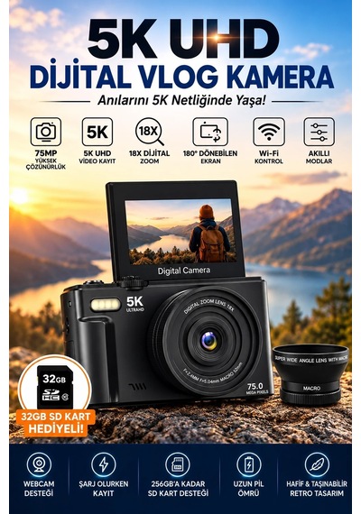 5k 75mp 18x Zoom Flaşlı 3 Flip Ekranlı Türkçe 32gb Kart Dijital Vlog Fotoğraf Makinesi Lens li Diğer