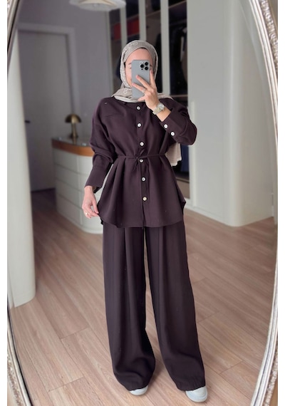 Ka Hijab Bağcıklı Bluz Pantolon Takım - Kahverengi