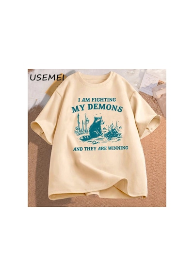 Tarzsokak Ben Benim Demons Rakun Meme T Shirt Mücadele Ediyorum Komik Grafik Baskılı Tişört Erkek Kadın 2856 Bej