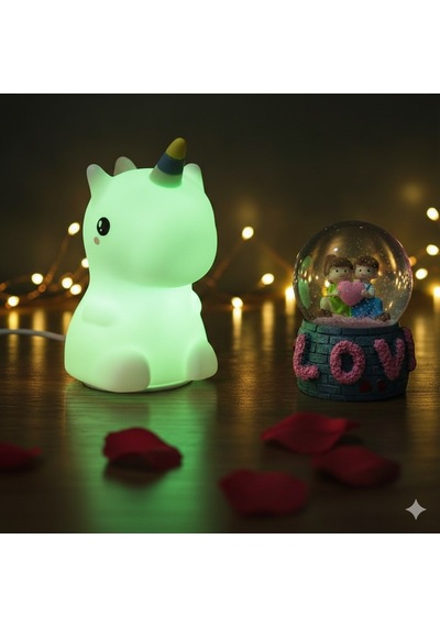 2 Li Sevgiliye Romantik Hediye Seti Unicorn Çok Renkli Led Gece Lambası Ve 9 Cm Love Kar Küresi Seti Set