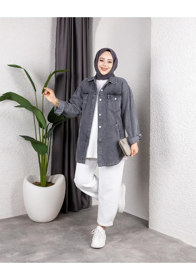 Hb Harma Time Butik Kadın Yıkamalı Cepli Denim Koyu Gri Ceket