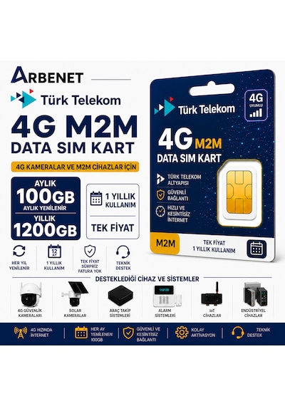 Türk Telekom 4g Data Sim Kart Aylık 100 Gb Yıllık 1200 Gb Internet Tüm 4g Cihazlarla Uyumlu M2m