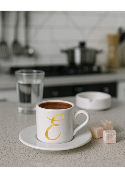 Türk Kahvesi Fincanı Harf, Espresso Fincanı Harf Beyaz - Altın4
