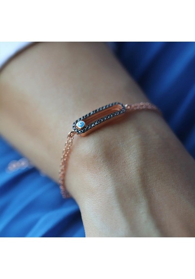 Siyah Zirkon Taşlı Nazar Boncuklu Rose Gold Kaplama Gümüş Bileklik Gümüş