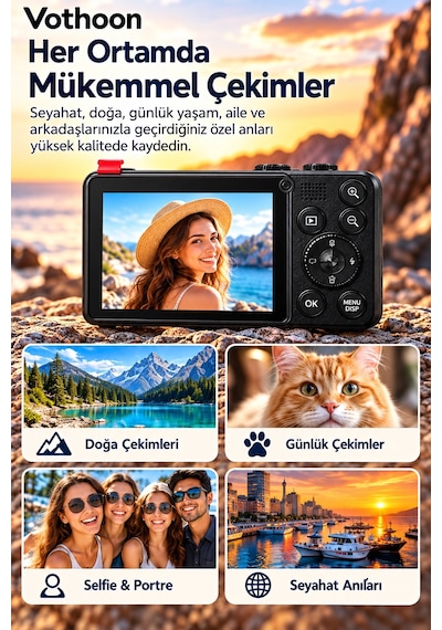 4k Dijital Fotoğraf Makinesi 18x Dijital Zoom 64 Mp Ön Ve Arka Ekranlı Kompakt Kamera Siyah