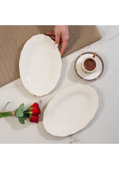 Porsima 4461 Gonca Porselen Kayık Tabak Seti - Oval Kahvaltılık Sunumluk Seti 25cm Beyaz