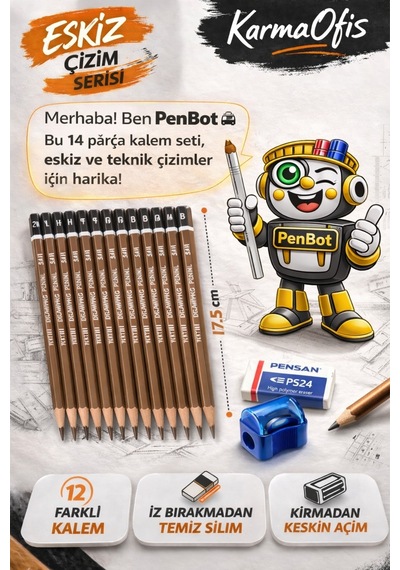 14 Parça Eskiz Teknik Çizim Kalem Seti 2h-4b + Silgi + Hazneli Kalemtıraş