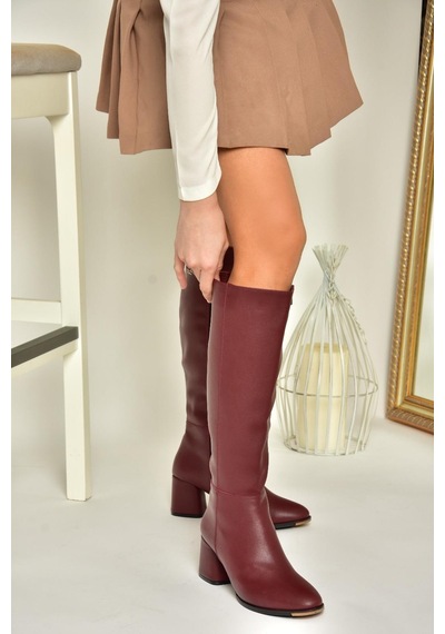 Fox Shoes J848300109 Bordo Kalın Topuklu Kadın Çizme Bordo-suni Deri Bordo