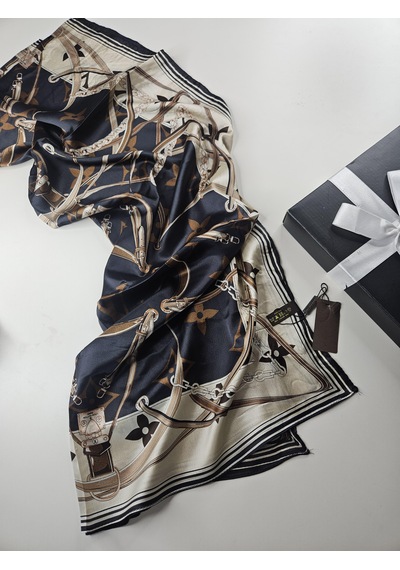 Miorel Scarfs Yeni Sezon Lv Kemer Desen Vual İpek Şal Yeni Sezon Silk Scarfs Shawl Hijab Fular Bej - Antrasit