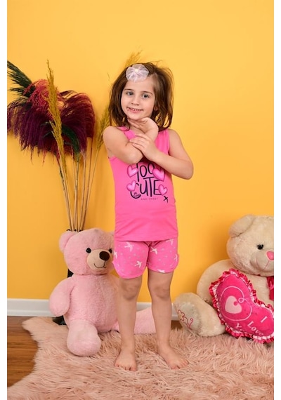 Kız Çocuk Askılı Pijama Takımı Too Cute Koyu Pembe Pembe