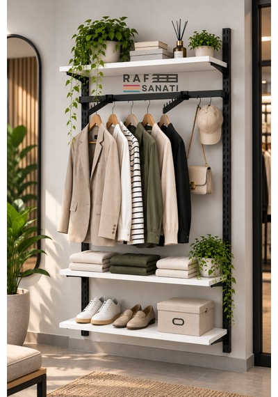 90 Cm Duvar Raf Askılık Sistemi 3 Raflı 200 Cm Konik Dikme Hazır Set Beyaz