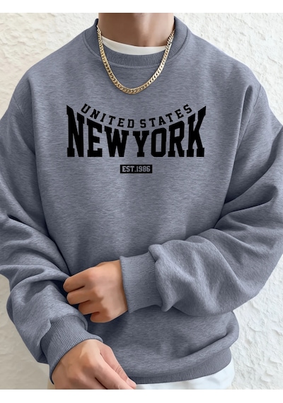 Startmore Tarzsokak Amerika Birleşik Devletleri New York Est 1986 Baskılar Erkek Sonbahar Spor Tişörtü Bol Rahat Gri