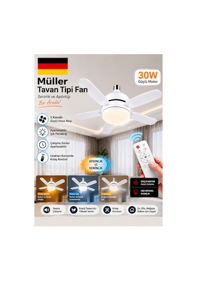 Pro Müller Kömürsüz Sessiz Motor Tavan Tipi 3 Renk Aydınlatmalı Fan Vantilatör Sinek Kovar Beyaz
