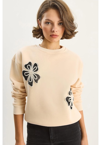 Shade Kadın Bisiklet Yaka Çiçek Nakışlı Üç İplik Şardonlu Sweatshirt 60601045 - Bej