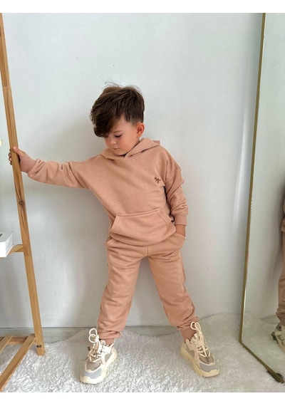Jolly Kids Erkek Çocuk Dino Nakışlı Kanguru Cepli Kapüşonlu Takım Somon