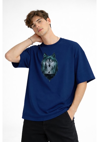 Misa Tahtakale Wolf - Oversize Erkek Tişört Koyu Mavi Çok Renkli