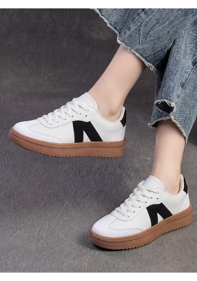 Kadın Sneaker Yüksek Taban Ortopedik Bağcıklı Spor Ayakkabı Retro Beyaz-011