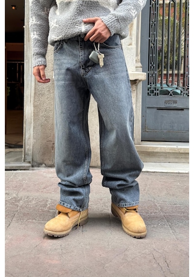 Flaw Çizgili Baggy Jean İndigo İndigo