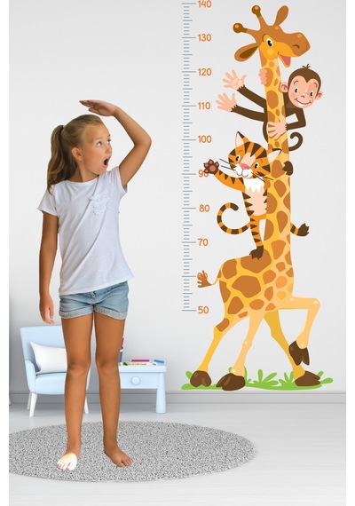 Zürafa Kaplan Ve Maymun Temalı Boy Ölçüm Cetveli Boy Ölçer Sticker
