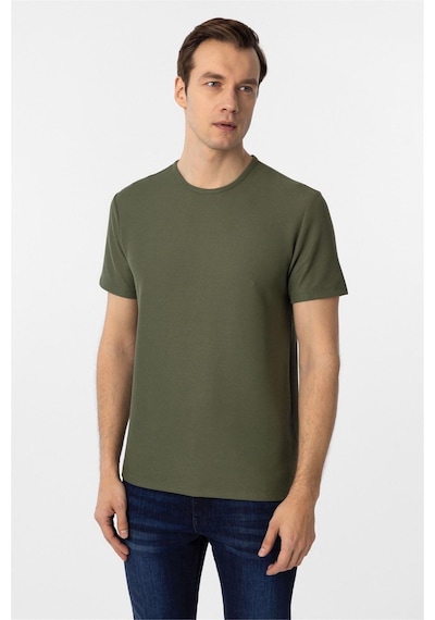 Süvari Koyu Haki Slim Fit Armürlü Bisiklet Yaka Tişört Koyu Haki