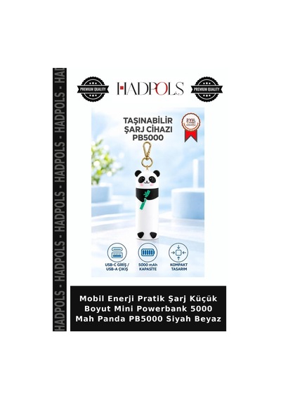 Mobil Enerji Pratik Şarj Küçük Boyut Mini Powerbank 5000 Mah Panda Pb5000 Siyah Beyaz