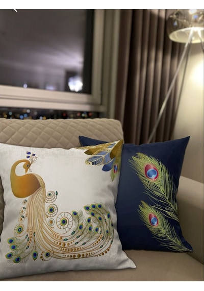 Tavus Kuşu Desenli 2’Li Kadife Kumaş Kırlent Kılıfı