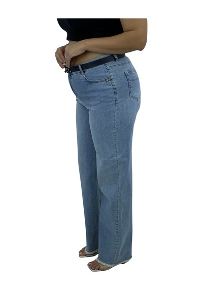 Büyük Beden Denim Kemerli Yüksek Bel Toparlayıcı Bol Paça Kadın Pantolon Mavi