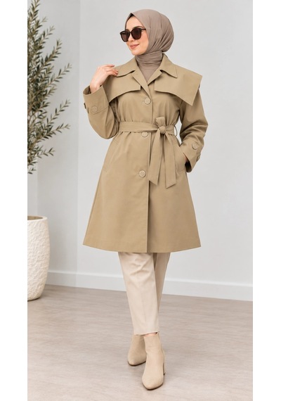 Nevayla Moda Kuşaklı Düğmeli Mevsimlik Trençkot - Camel / M0118