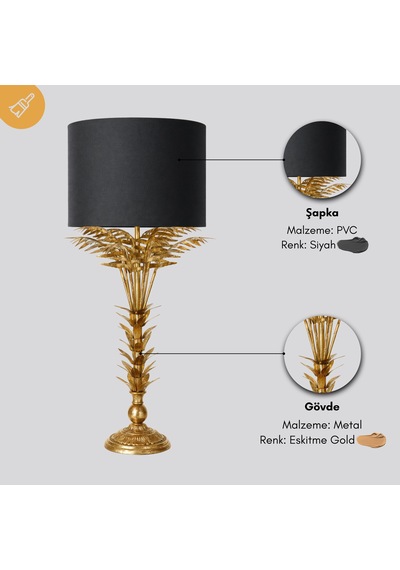 Maren Eskitme Gold Gövde Siyah Başlık Dekoratif Abajur