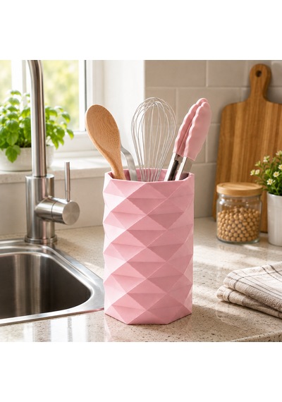 Geometrik Tasarımlı Mutfak Kaşıklığı Organizeri 10 Cm Çap Geniş İç Hacimli Tezgah Üstü Kaşıklık Açık Pembe