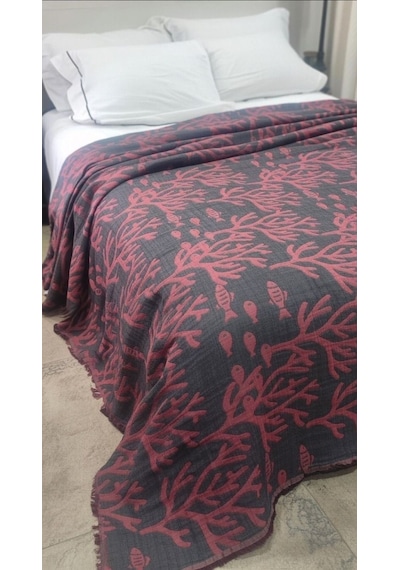 Mercan Desen 4 Katlı Müslin Pike Yatak Örtüsü Battal Boy 240x260 Cm Siyah