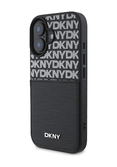 Apple Uyumlu iPhone 16 Kılıf Dkny Lisanslı Kartlıklı 3d Yazılı Repeat Texture Pattern Kapak Siyah