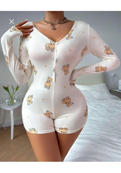 Red Womans Pamuklu Beyaz Ayıcık Desenli Düğmeli Uzun Kol Tulum Pijama