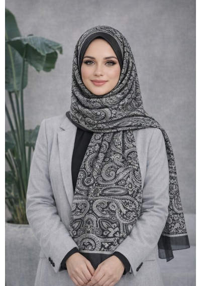Eyfel Pamuklu Soft Özel Seri Şal Etnik & Çiçekli Desen, Orjinal, Tesettür Giyim, Yeni Koleksiyon Siyah - Gri