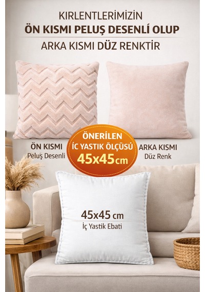 Peluş Dekoratif Kırlent Kılıfı İskandinav Zigzag-balıksırtı 4 Lü Set 42x42 Cm Vizon
