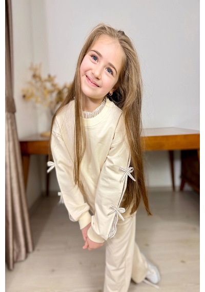 Koçak Kids Gömlek Desenli Krem Rengi Kız Çocuk Takım Krem