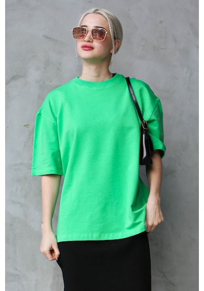 Madmext Yeşil Bisiklet Yaka Basic Oversize T-shirt Mg1687-yeşil Yeşil