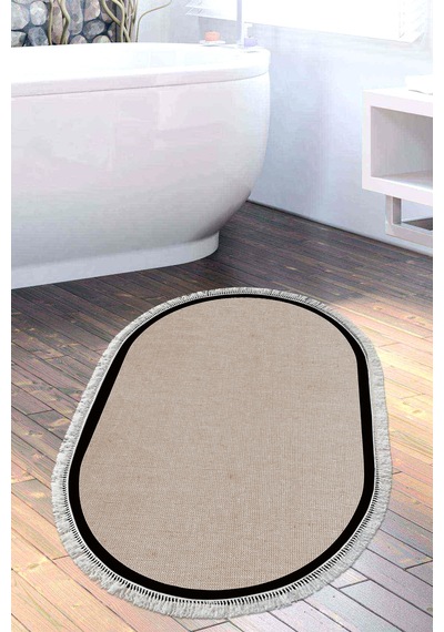Dekoreko Kaymaz Taban Djt Banyo Mutfak Salon Halı Trend Saçaklı Oval Dokuma Desen E5001 Taupe