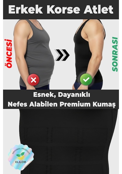 Elilom Erkek Korse Atlet 2'li Paket Bel Göğüs Ve Göbek Bölgesi Destekli Siyah - 2 Adet