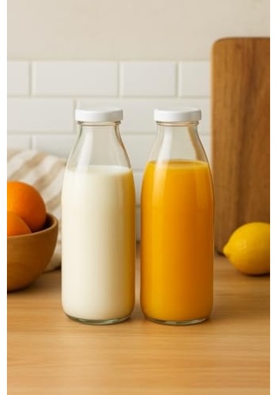 2 Adet Beyaz Plastik Kapaklı 1 Litre Şeffaf Sürahi Süt, Ayran, Su, Limonata Meşrubat Şişesi Cam Şişe