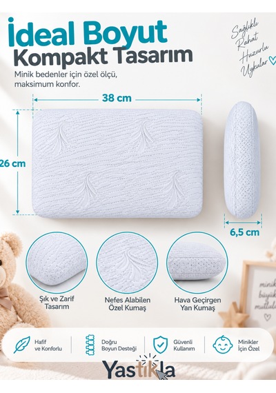 Ortopedik Hafızalı Visco Bebek Ve Çocuk Yastığı Nefes Alabilen 38x26x6,5 Cm Beyaz