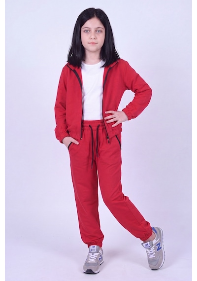 Panios Kids Kız Çocuk Dik Yaka Fermuarlı Beli Bağcıklı Lastik Paça Eşofman Takımı Kırmızı