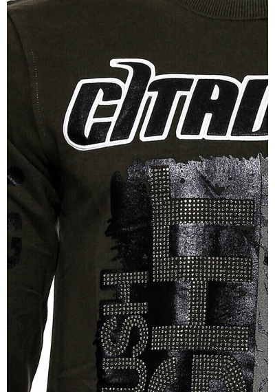 Yeşil Baskılı Taşlı Bisiklet Yaka Sweatshirt - Wessi Siyah