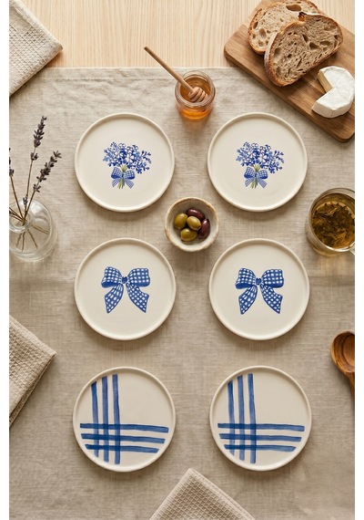 Blue Gift 6 Lı Seramik Pasta Tabağı 20 Cm Mavi Desenli 6 Kişilik Tatlı Sunum Servis Tabak Seti Beyaz